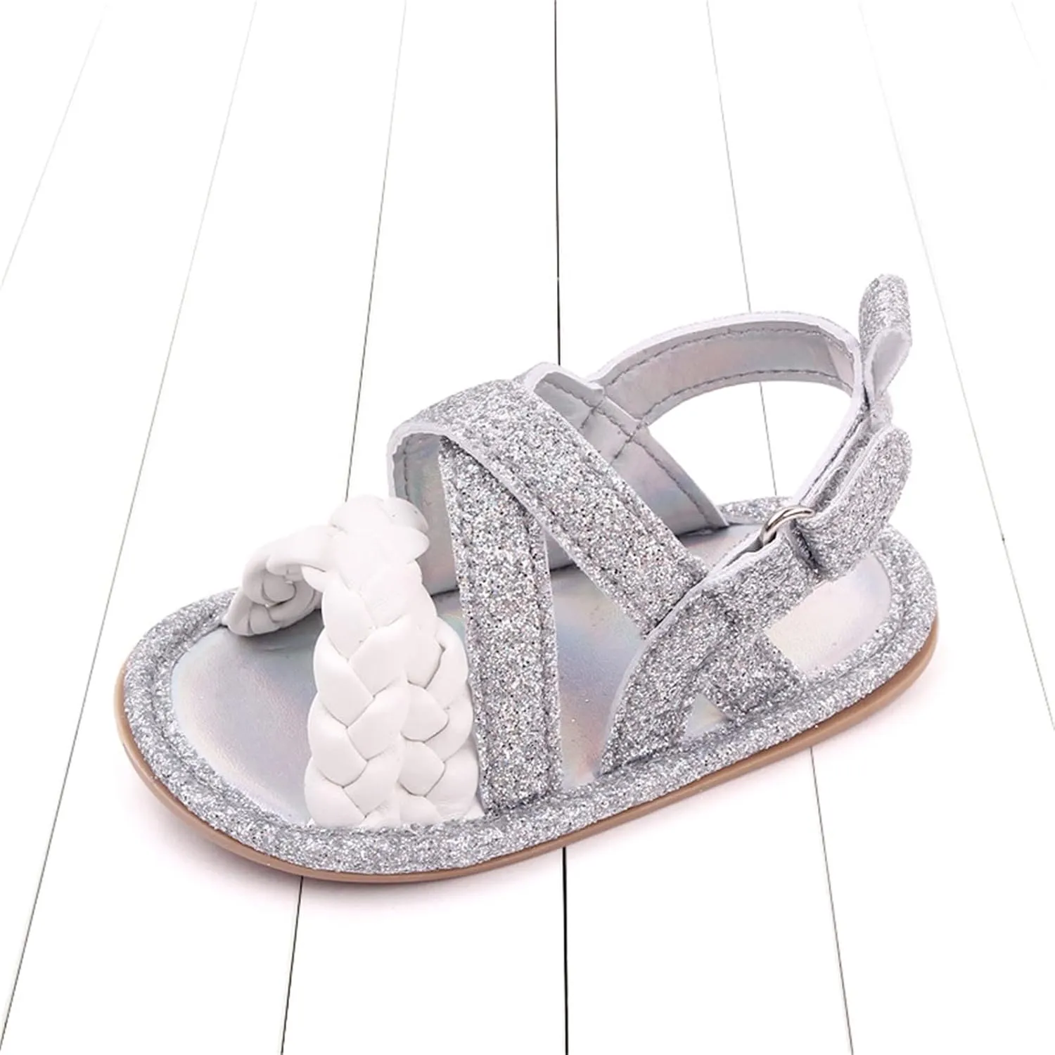 Baby Boys Girls Shiny Sandals Infant Toddler Closed-Toe Anti-Slip Premium Rubber Sole Flower Princess Flats Rome Shoes