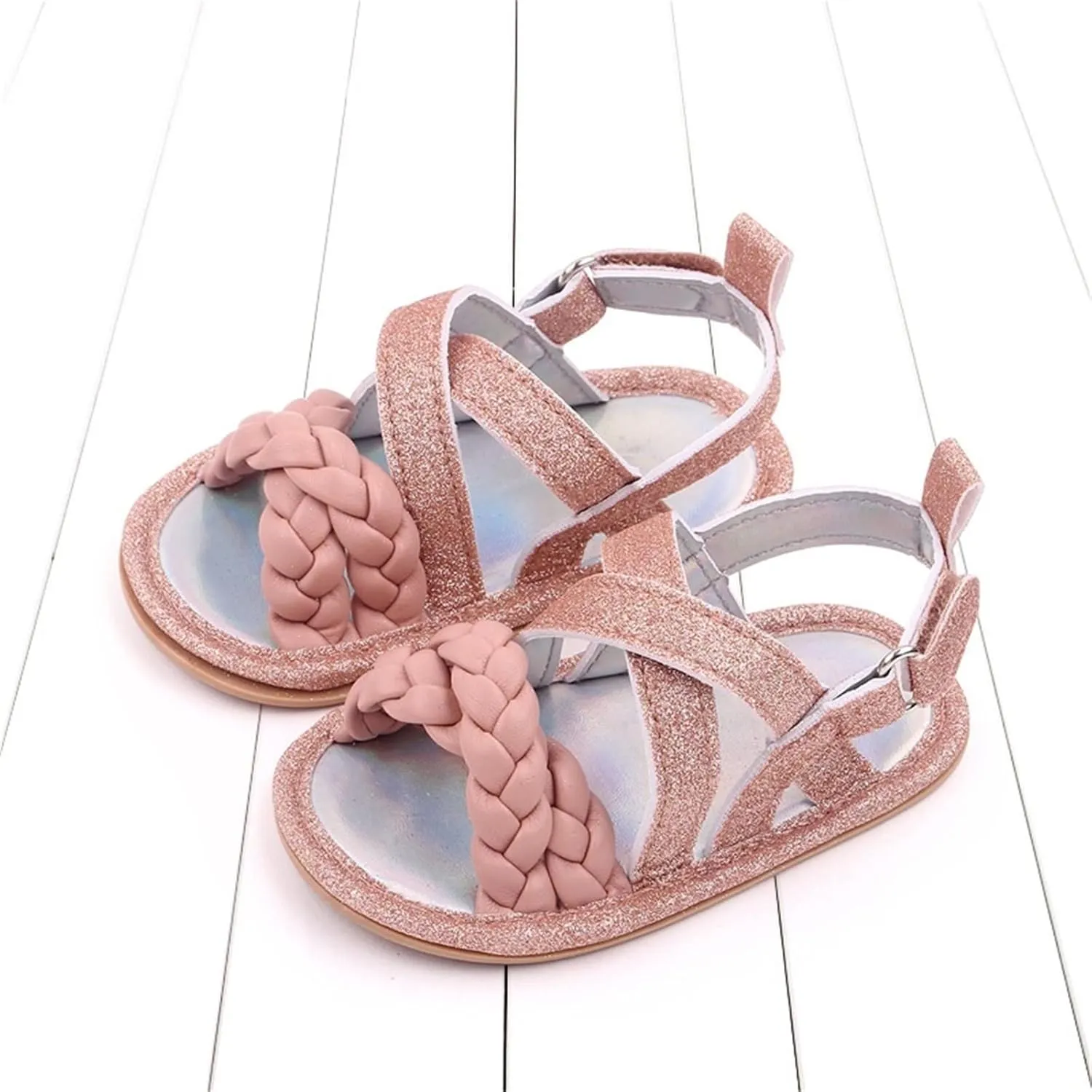 Baby Boys Girls Shiny Sandals Infant Toddler Closed-Toe Anti-Slip Premium Rubber Sole Flower Princess Flats Rome Shoes
