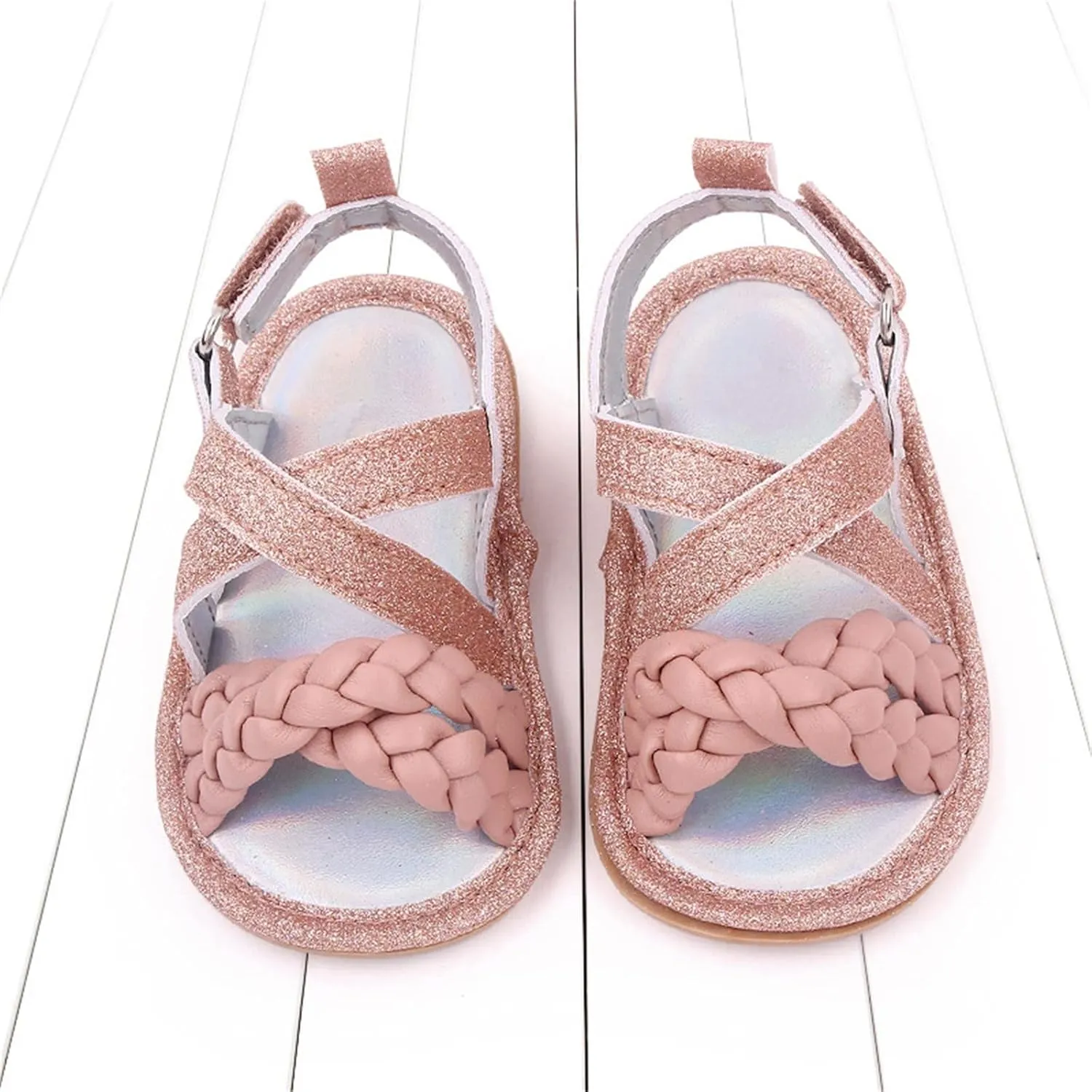 Baby Boys Girls Shiny Sandals Infant Toddler Closed-Toe Anti-Slip Premium Rubber Sole Flower Princess Flats Rome Shoes