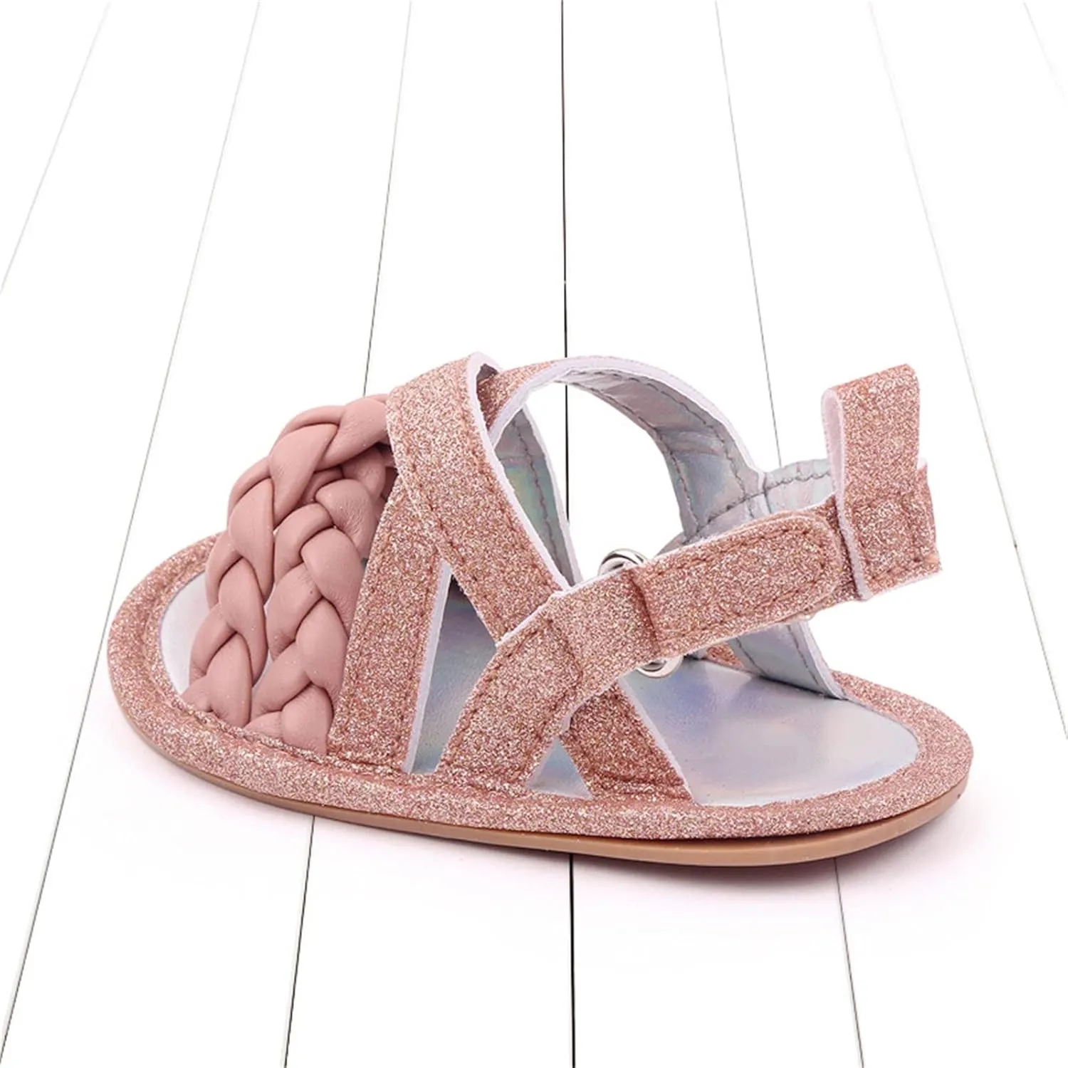 Baby Boys Girls Shiny Sandals Infant Toddler Closed-Toe Anti-Slip Premium Rubber Sole Flower Princess Flats Rome Shoes