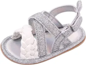 Baby Boys Girls Shiny Sandals Infant Toddler Closed-Toe Anti-Slip Premium Rubber Sole Flower Princess Flats Rome Shoes