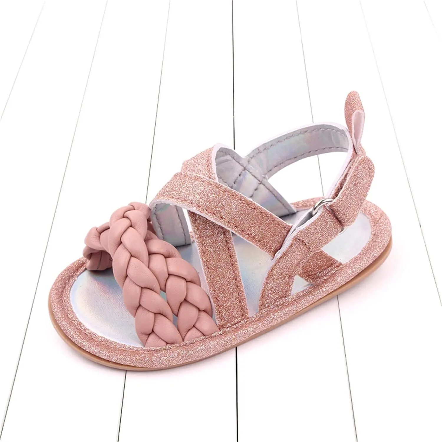 Baby Boys Girls Shiny Sandals Infant Toddler Closed-Toe Anti-Slip Premium Rubber Sole Flower Princess Flats Rome Shoes