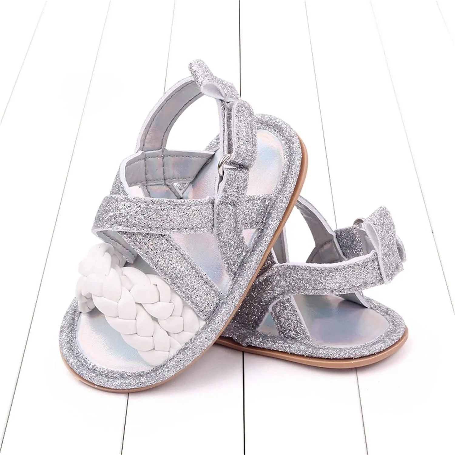Baby Boys Girls Shiny Sandals Infant Toddler Closed-Toe Anti-Slip Premium Rubber Sole Flower Princess Flats Rome Shoes