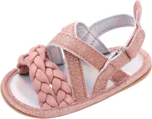 Baby Boys Girls Shiny Sandals Infant Toddler Closed-Toe Anti-Slip Premium Rubber Sole Flower Princess Flats Rome Shoes