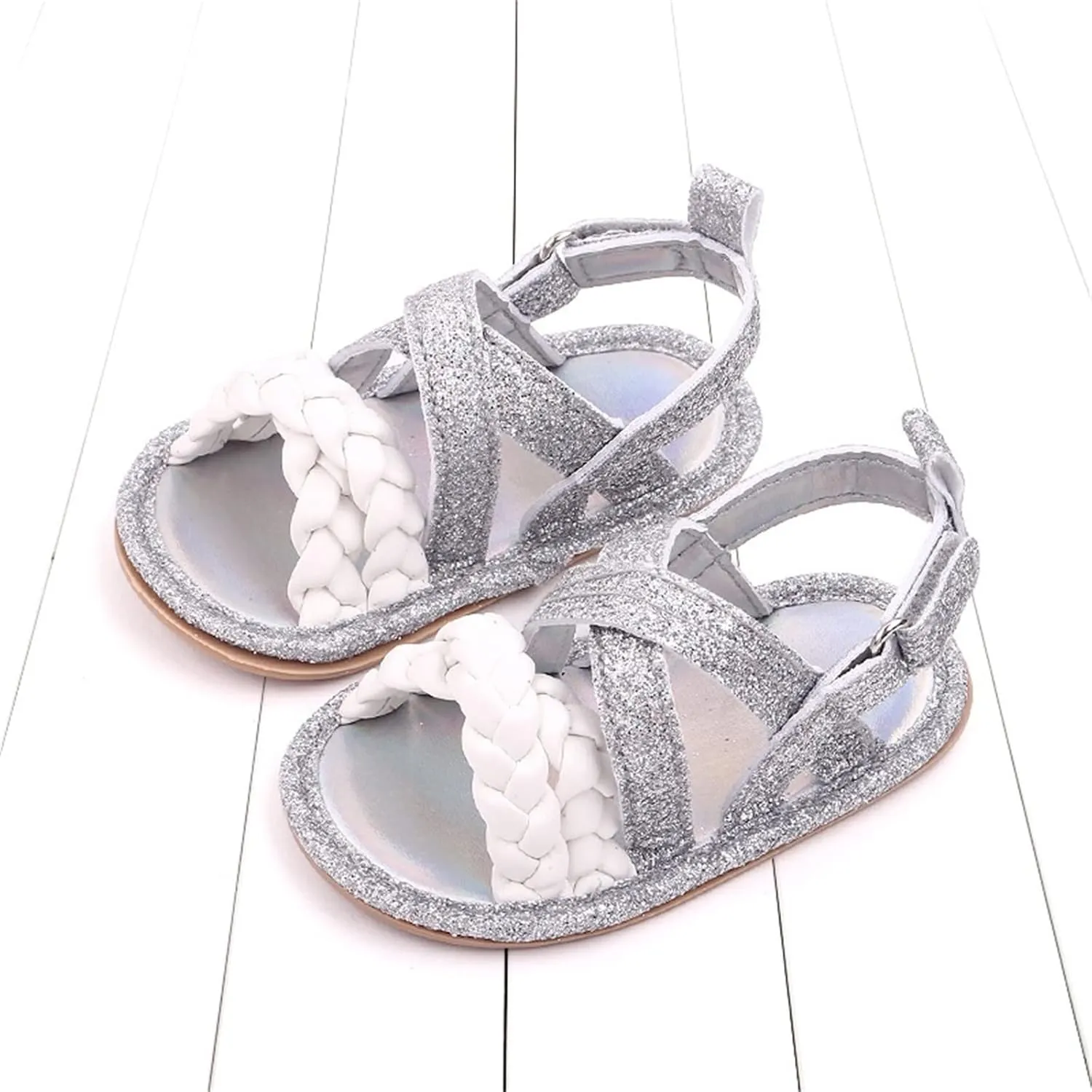 Baby Boys Girls Shiny Sandals Infant Toddler Closed-Toe Anti-Slip Premium Rubber Sole Flower Princess Flats Rome Shoes