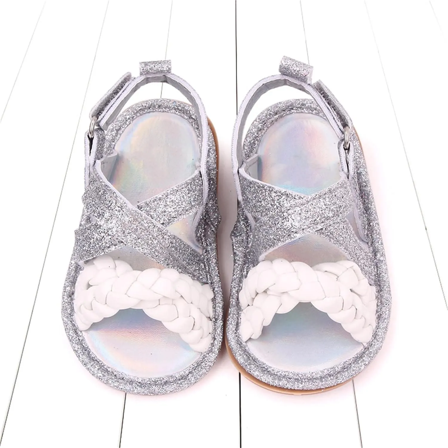 Baby Boys Girls Shiny Sandals Infant Toddler Closed-Toe Anti-Slip Premium Rubber Sole Flower Princess Flats Rome Shoes