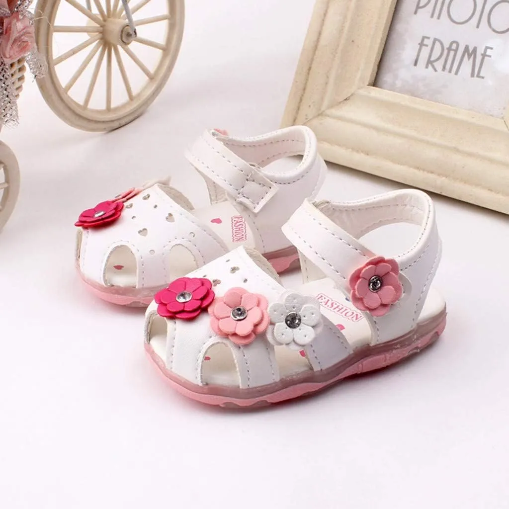 Baby Flowers Girls Shoes Sandals Toddler Infant Kids LED Luminous Baby Shoes Size Five Toddler Girls Shoes (White, 12-15 Months)
