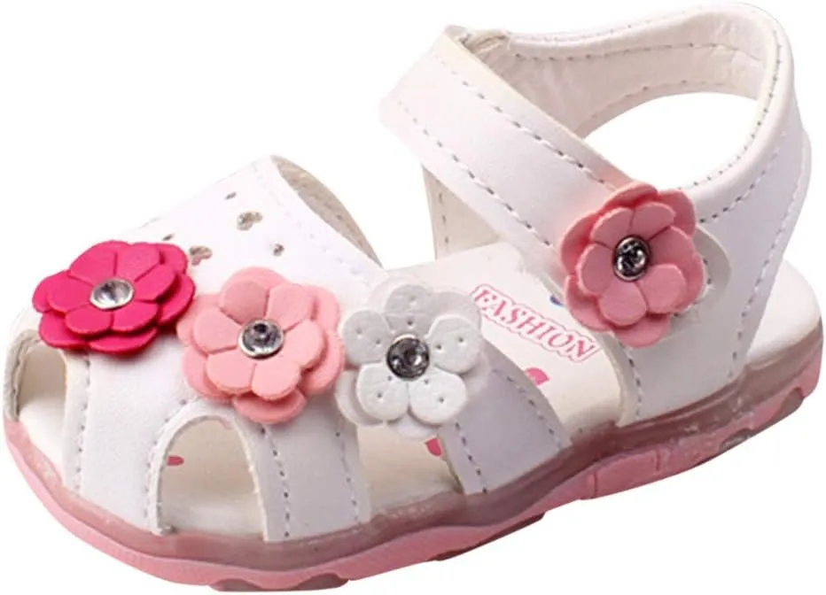 Baby Flowers Girls Shoes Sandals Toddler Infant Kids LED Luminous Baby Shoes Size Five Toddler Girls Shoes (White, 12-15 Months)