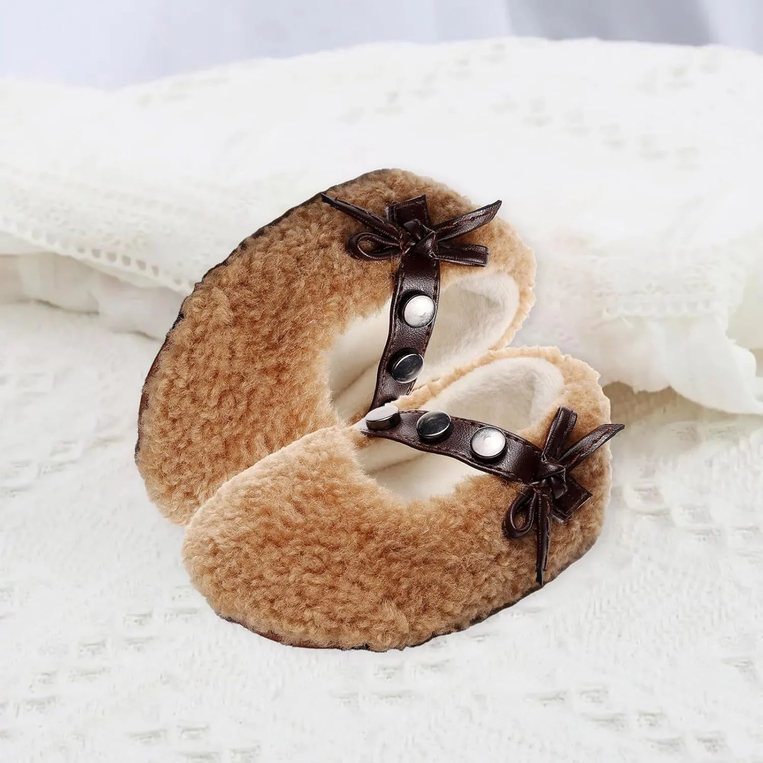 Baby Furry Flats Infant Faux Fur Lined Soft Shoes Baby Winter Ankle Non-Slip Rubber Sole Toddler Snow Crib Shoes