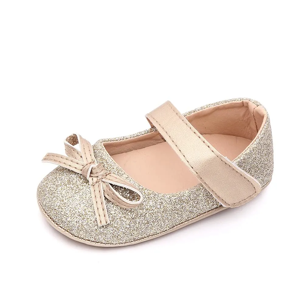 Baby Girls Bowknot Sequins Bling Anti-Slip Mary Jane Flat Crib Shoes with Headband (6-12 Month Infant, Gold A)