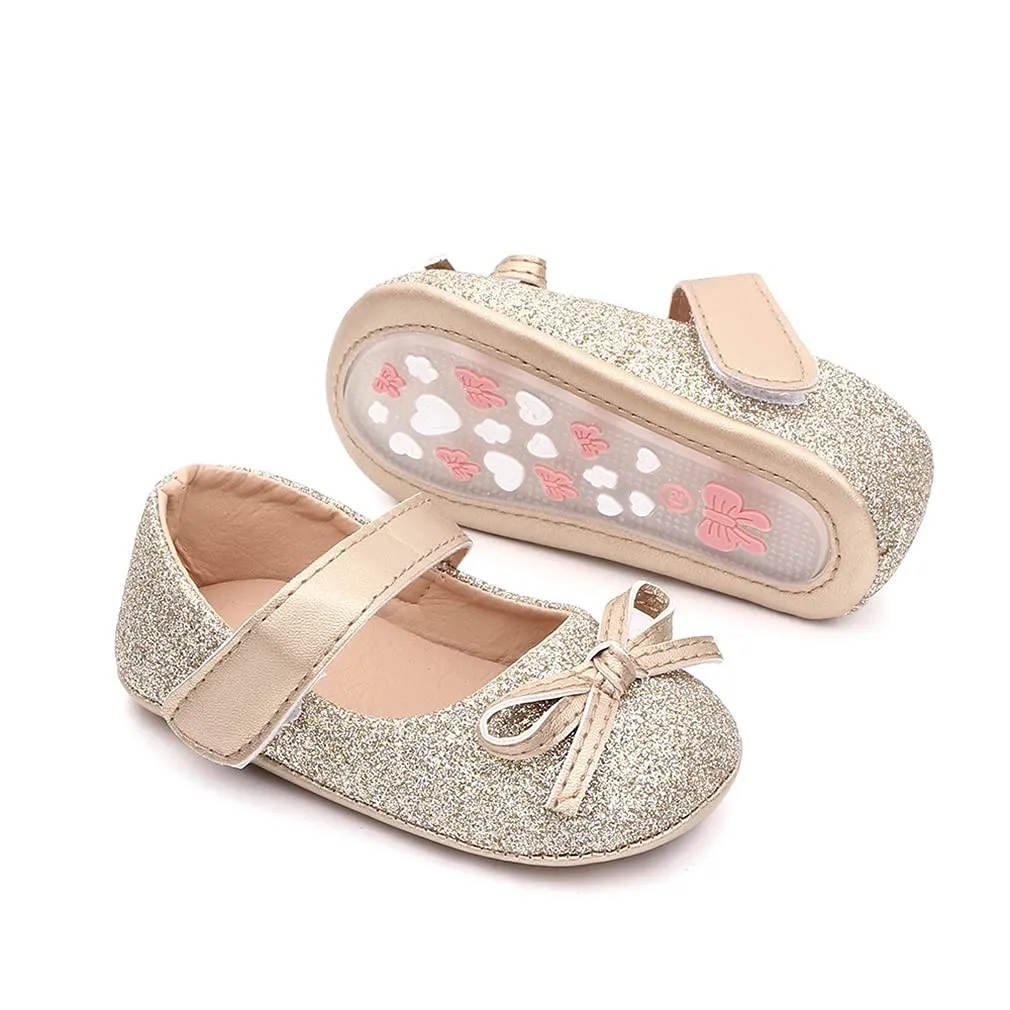 Baby Girls Bowknot Sequins Bling Anti-Slip Mary Jane Flat Crib Shoes with Headband (6-12 Month Infant, Gold A)