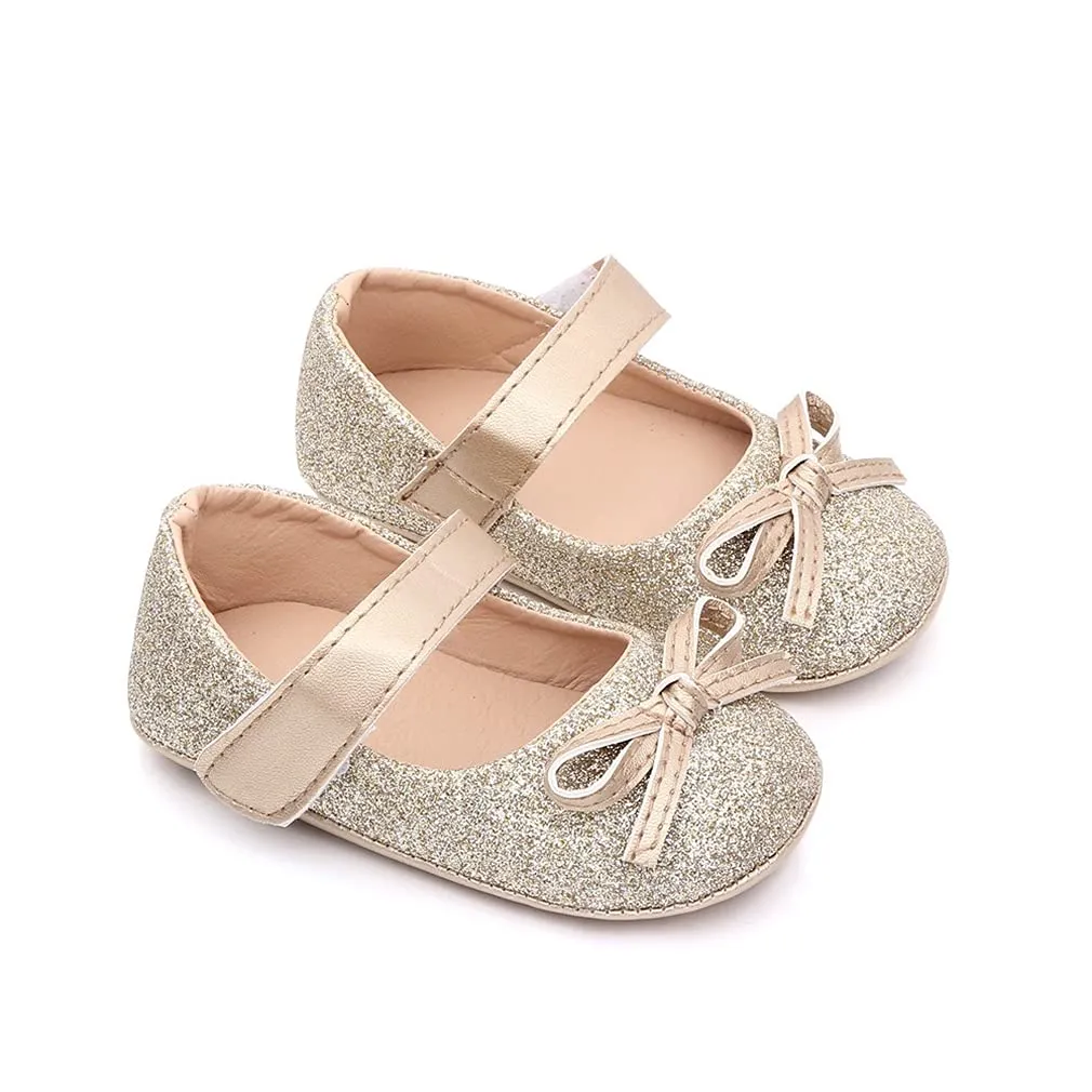 Baby Girls Bowknot Sequins Bling Anti-Slip Mary Jane Flat Crib Shoes with Headband (6-12 Month Infant, Gold A)