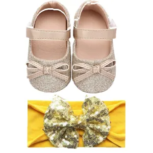 Baby Girls Bowknot Sequins Bling Anti-Slip Mary Jane Flat Crib Shoes with Headband (6-12 Month Infant, Gold A)