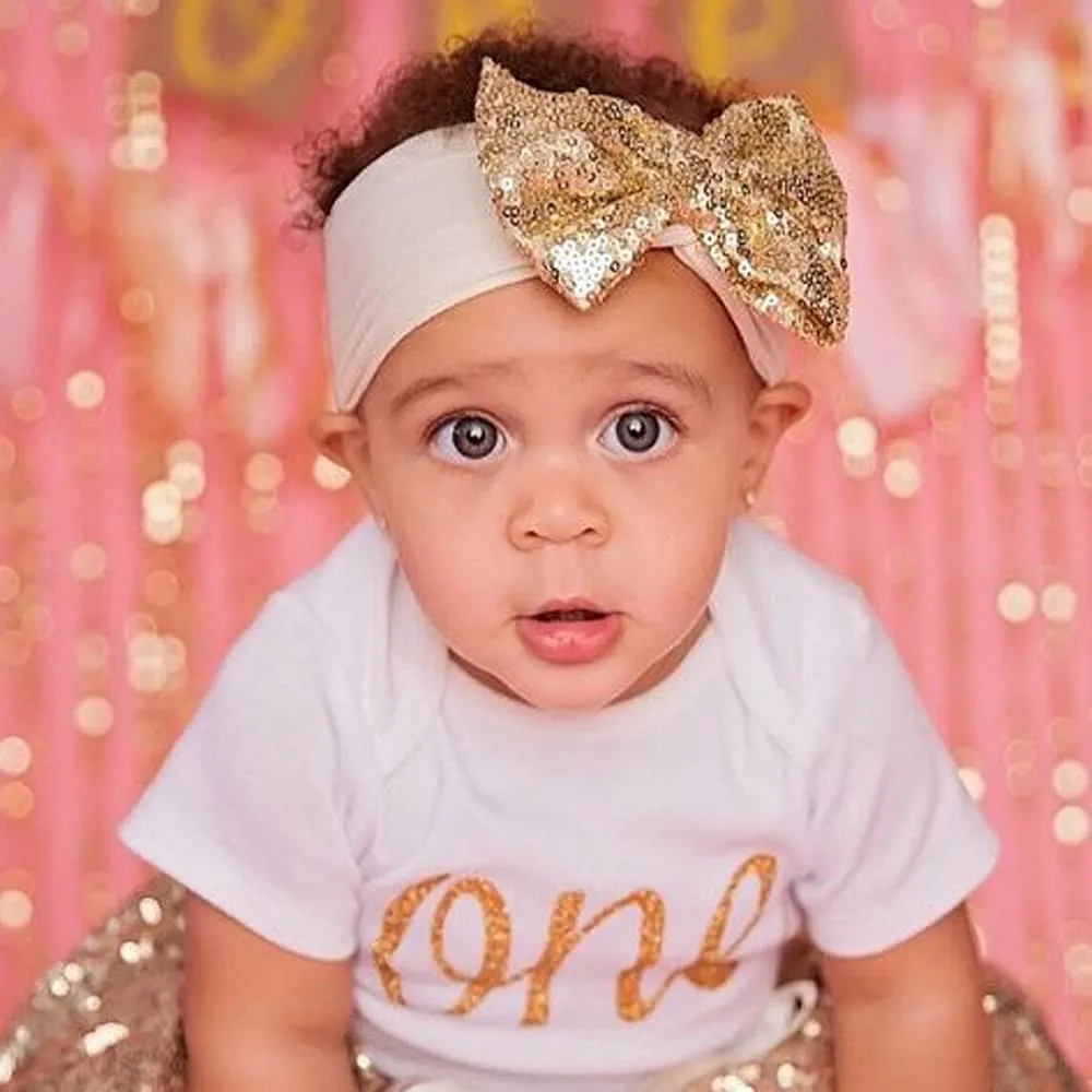 Baby Girls Bowknot Sequins Bling Anti-Slip Mary Jane Flat Crib Shoes with Headband (6-12 Month Infant, Gold A)