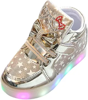 Baby Girls Glitter Bow Sneaker Toddler Light Up Soft Sole Sport Shoes Outdoor Indoor Fashion First Walking Non Slip