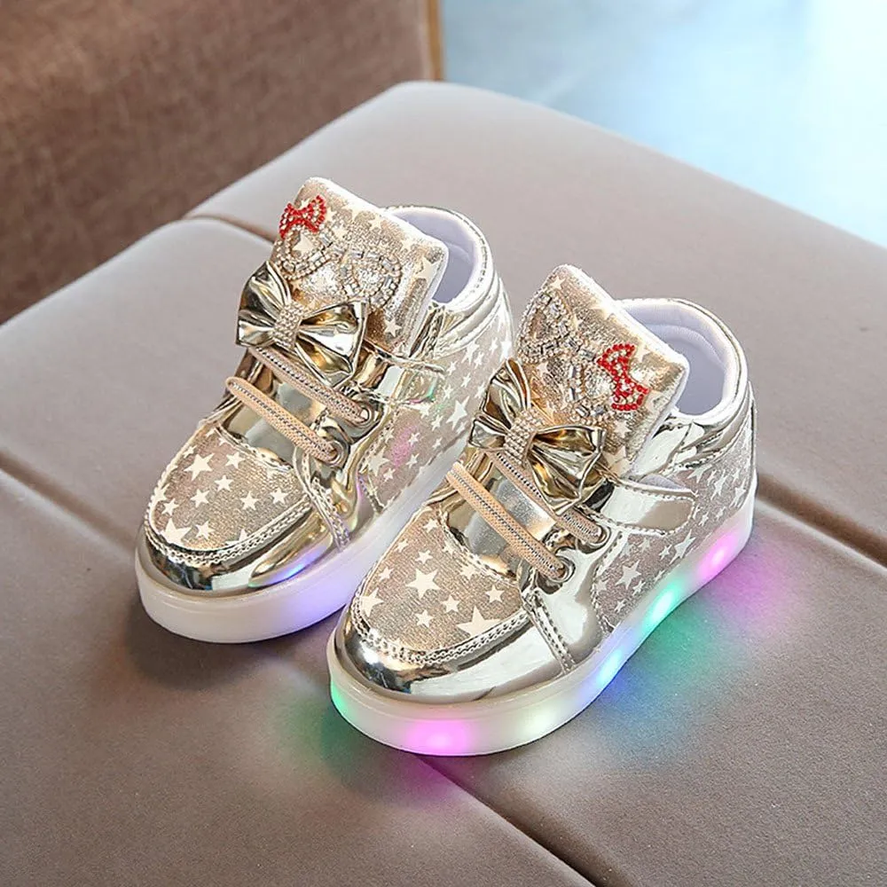 Baby Girls Glitter Bow Sneaker Toddler Light Up Soft Sole Sport Shoes Outdoor Indoor Fashion First Walking Non Slip