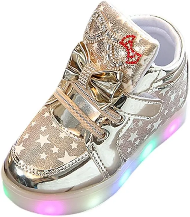 Baby Girls Glitter Bow Sneaker Toddler Light Up Soft Sole Sport Shoes Outdoor Indoor Fashion First Walking Non Slip