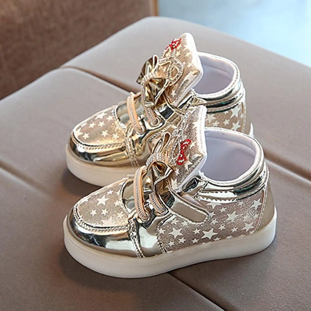 Baby Girls Glitter Bow Sneaker Toddler Light Up Soft Sole Sport Shoes Outdoor Indoor Fashion First Walking Non Slip