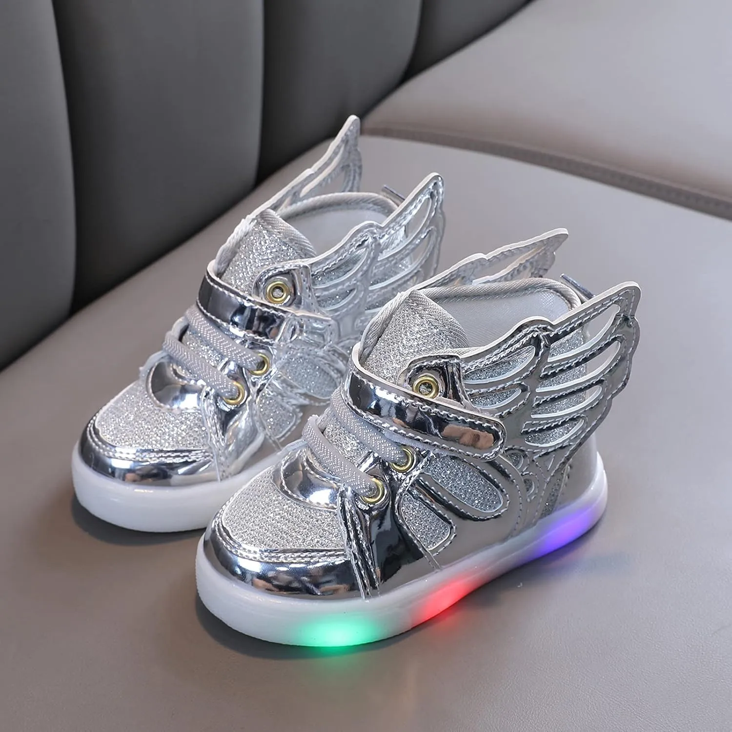 Baby Girls Led Light Sneakers Bling Luminous Sport Shoes Mesh Breathable Shiny Tennis Shoes with Angel ings
