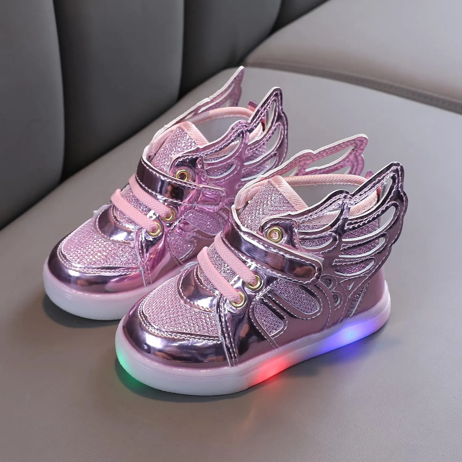 Baby Girls Led Light Sneakers Bling Luminous Sport Shoes Mesh Breathable Shiny Tennis Shoes with Angel ings