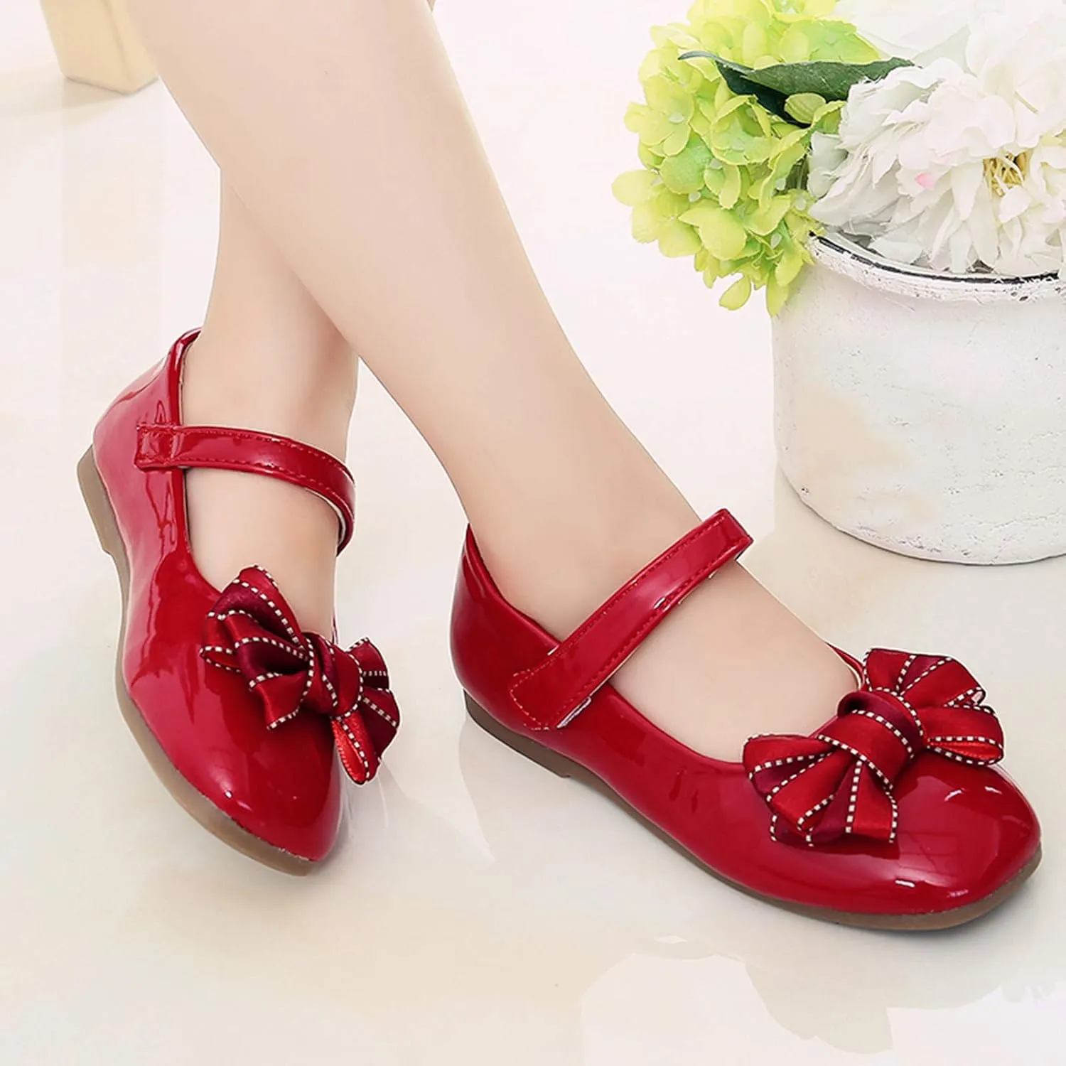 Baby Girls Mary Jane Flats Shoes Kids Bowknot Princess Dress Shoes Leather Shoes Soft Soles Casual Baby Girls Shoes Red