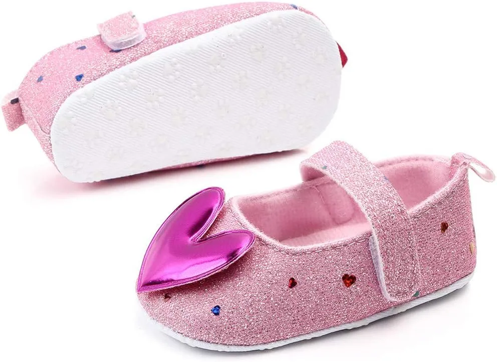 Baby Girls Shoes Heart-Shaped Flats Shoes Anti-Slip Soft Rubber Sole Toddler First Walkers Princess Dress Shoes