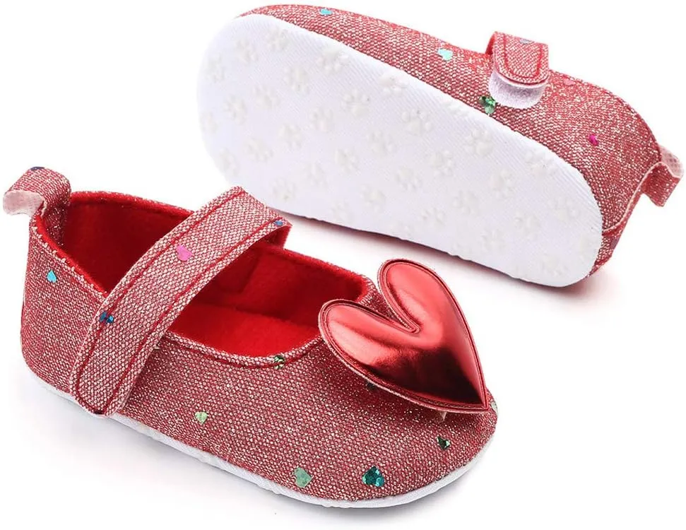 Baby Girls Shoes Heart-Shaped Flats Shoes Anti-Slip Soft Rubber Sole Toddler First Walkers Princess Dress Shoes