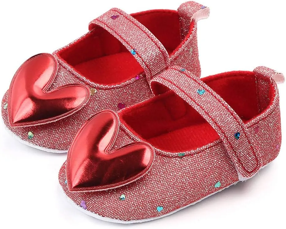 Baby Girls Shoes Heart-Shaped Flats Shoes Anti-Slip Soft Rubber Sole Toddler First Walkers Princess Dress Shoes