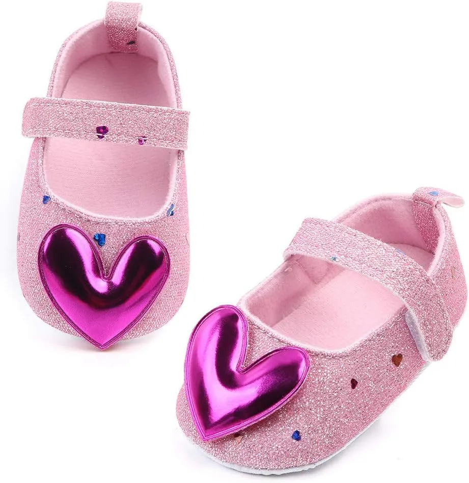 Baby Girls Shoes Heart-Shaped Flats Shoes Anti-Slip Soft Rubber Sole Toddler First Walkers Princess Dress Shoes