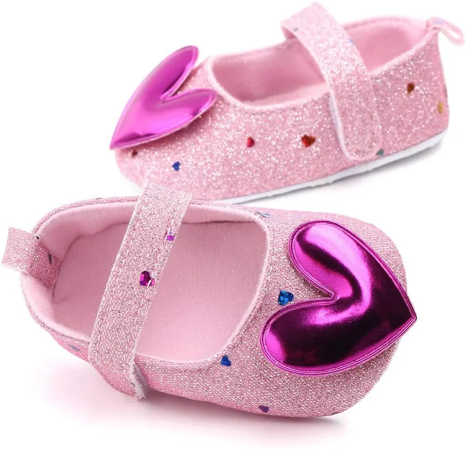 Baby Girls Shoes Heart-Shaped Flats Shoes Anti-Slip Soft Rubber Sole Toddler First Walkers Princess Dress Shoes