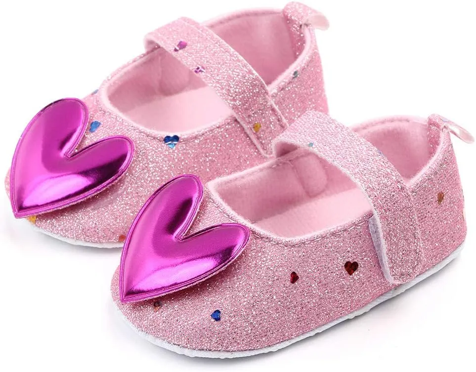 Baby Girls Shoes Heart-Shaped Flats Shoes Anti-Slip Soft Rubber Sole Toddler First Walkers Princess Dress Shoes