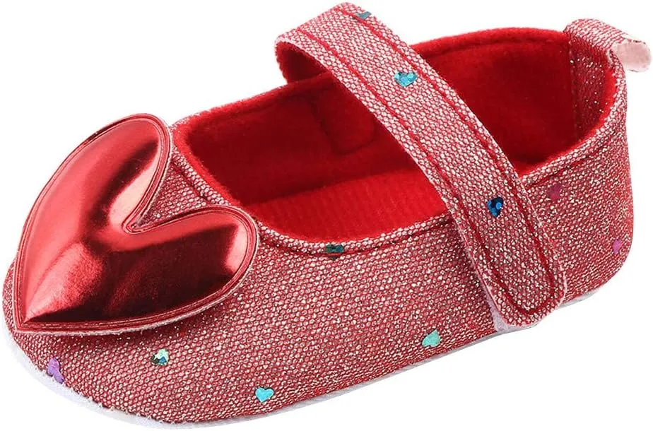 Baby Girls Shoes Heart-Shaped Flats Shoes Anti-Slip Soft Rubber Sole Toddler First Walkers Princess Dress Shoes