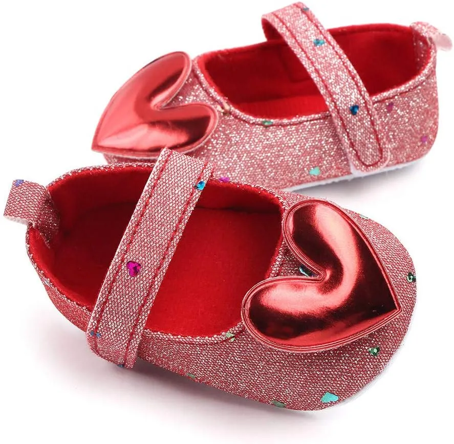 Baby Girls Shoes Heart-Shaped Flats Shoes Anti-Slip Soft Rubber Sole Toddler First Walkers Princess Dress Shoes