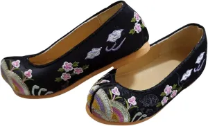 Baby Girls Traditional Korean Hanbok Shoes, 130mm, Black Floral Embroidery, Korean Traditional Doljanchi