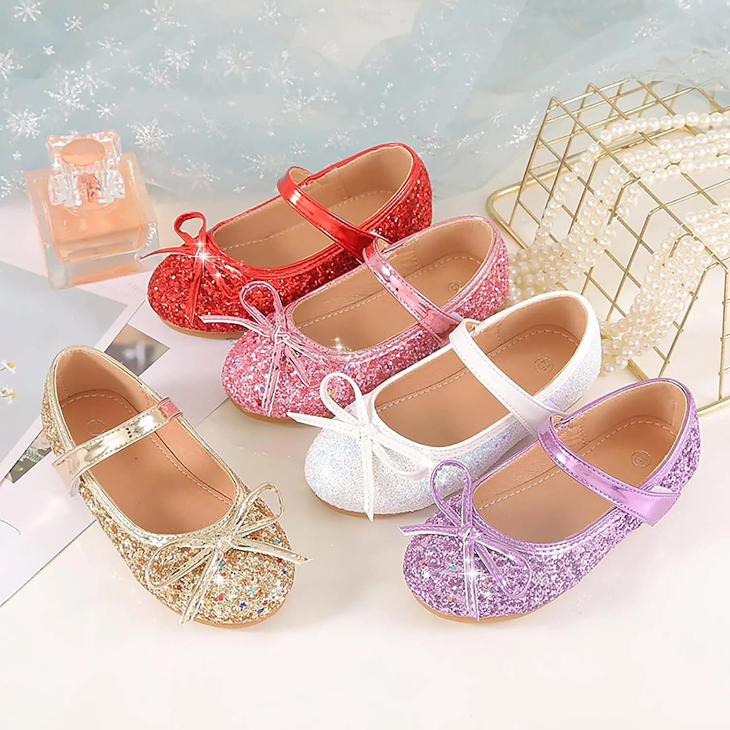 Baby Infant Sequins Princess Sandals with Strap Bow Rubber Sole Wedding Formal Fancy Shoes Girls Glitter Ankle Sandals