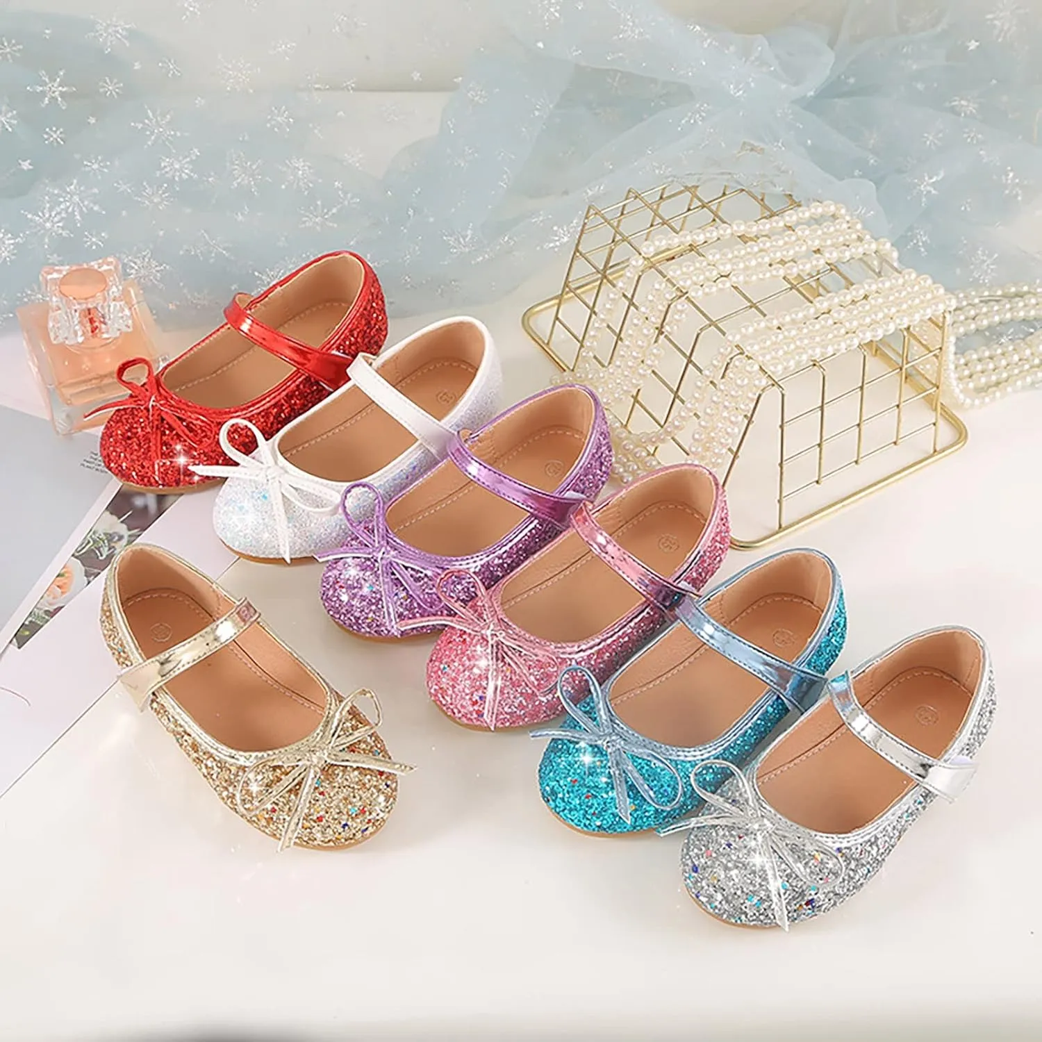 Baby Infant Sequins Princess Sandals with Strap Bow Rubber Sole Wedding Formal Fancy Shoes Girls Glitter Ankle Sandals