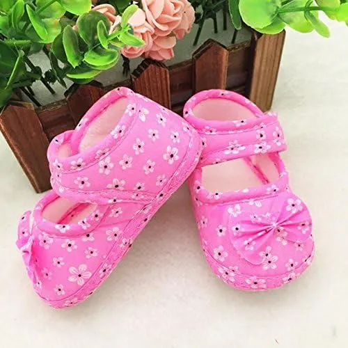 Baby Mary Jane Flats for Girls with Bowknot Cotton Anti Skid Sole Infant First Walker Princess Dress Crib Wedding Shoes