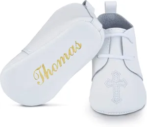 BabyShoe Personalized Christening - Baptism Leather Shoes for Baby Boys & Girls with Hand Embossed Name & Date  Newborn Shoes for Special Occasions  Great Gift Idea  White