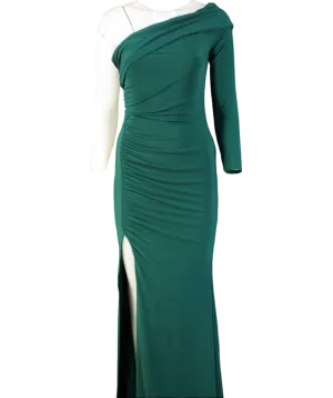 Club L Green Asymmetric One Sleeve Ruched Maxi Dress UK 10