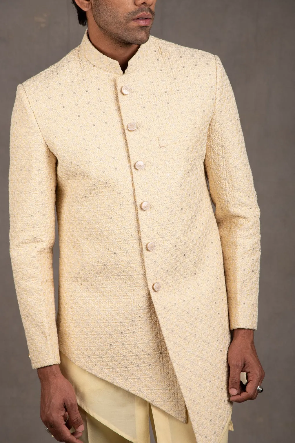 Cream Embroidered Short Asymmetric Achkan Set