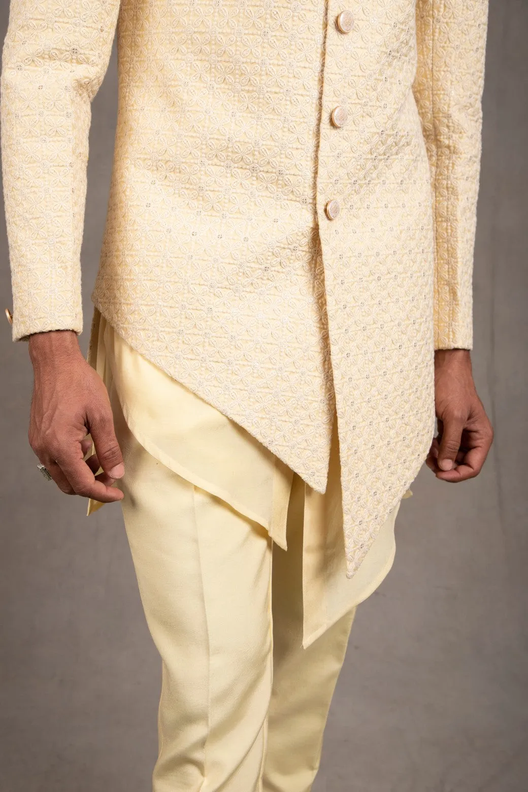 Cream Embroidered Short Asymmetric Achkan Set