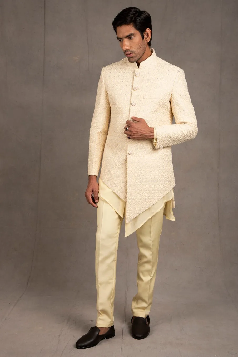 Cream Embroidered Short Asymmetric Achkan Set