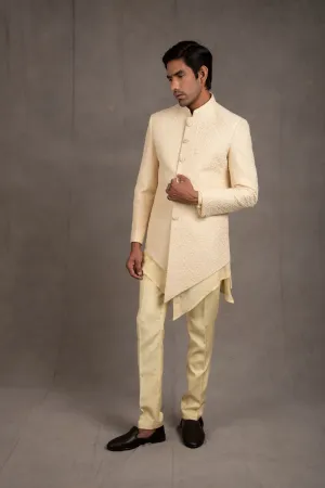 Cream Embroidered Short Asymmetric Achkan Set
