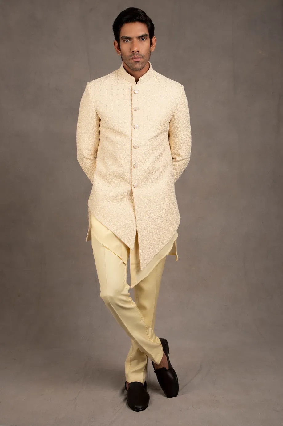 Cream Embroidered Short Asymmetric Achkan Set