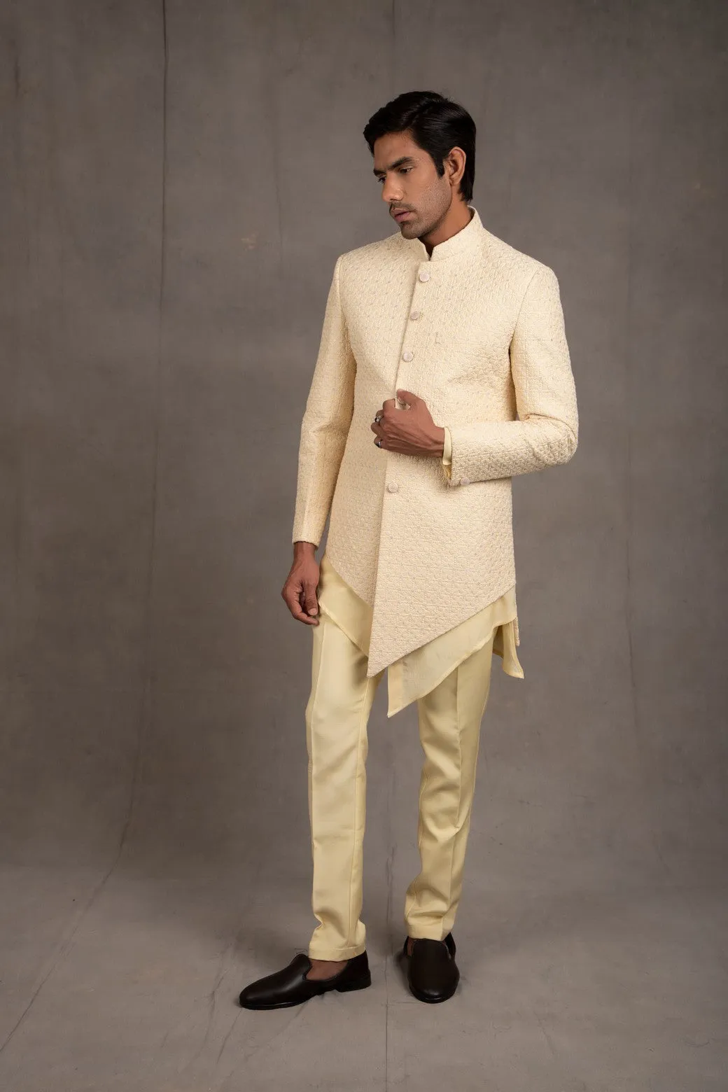 Cream Embroidered Short Asymmetric Achkan Set