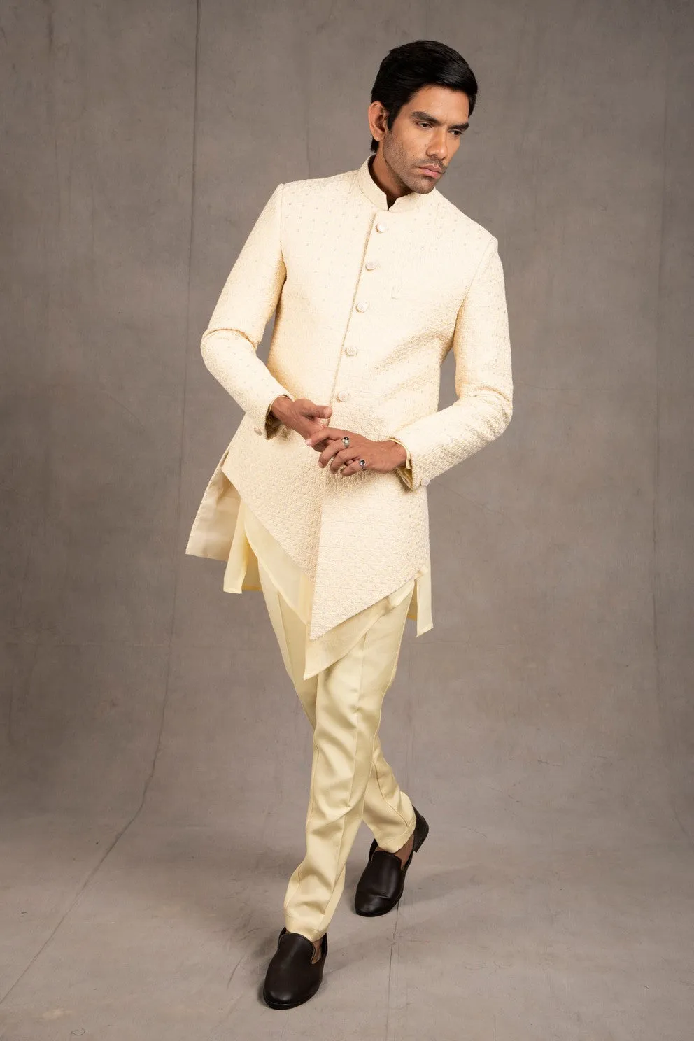 Cream Embroidered Short Asymmetric Achkan Set