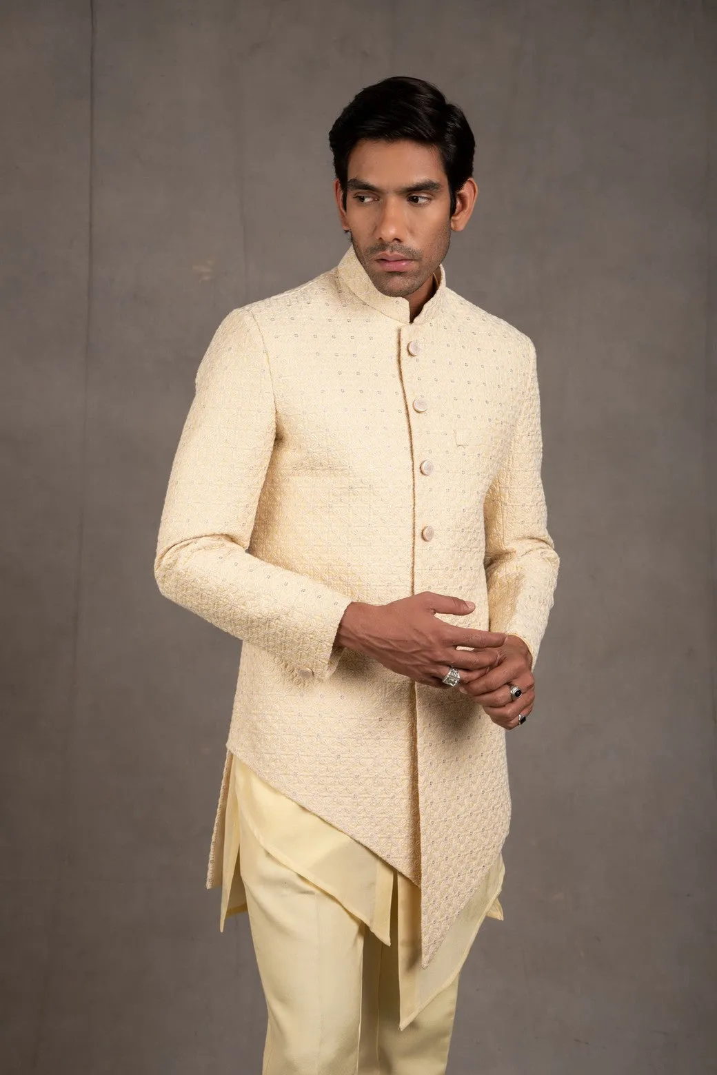 Cream Embroidered Short Asymmetric Achkan Set