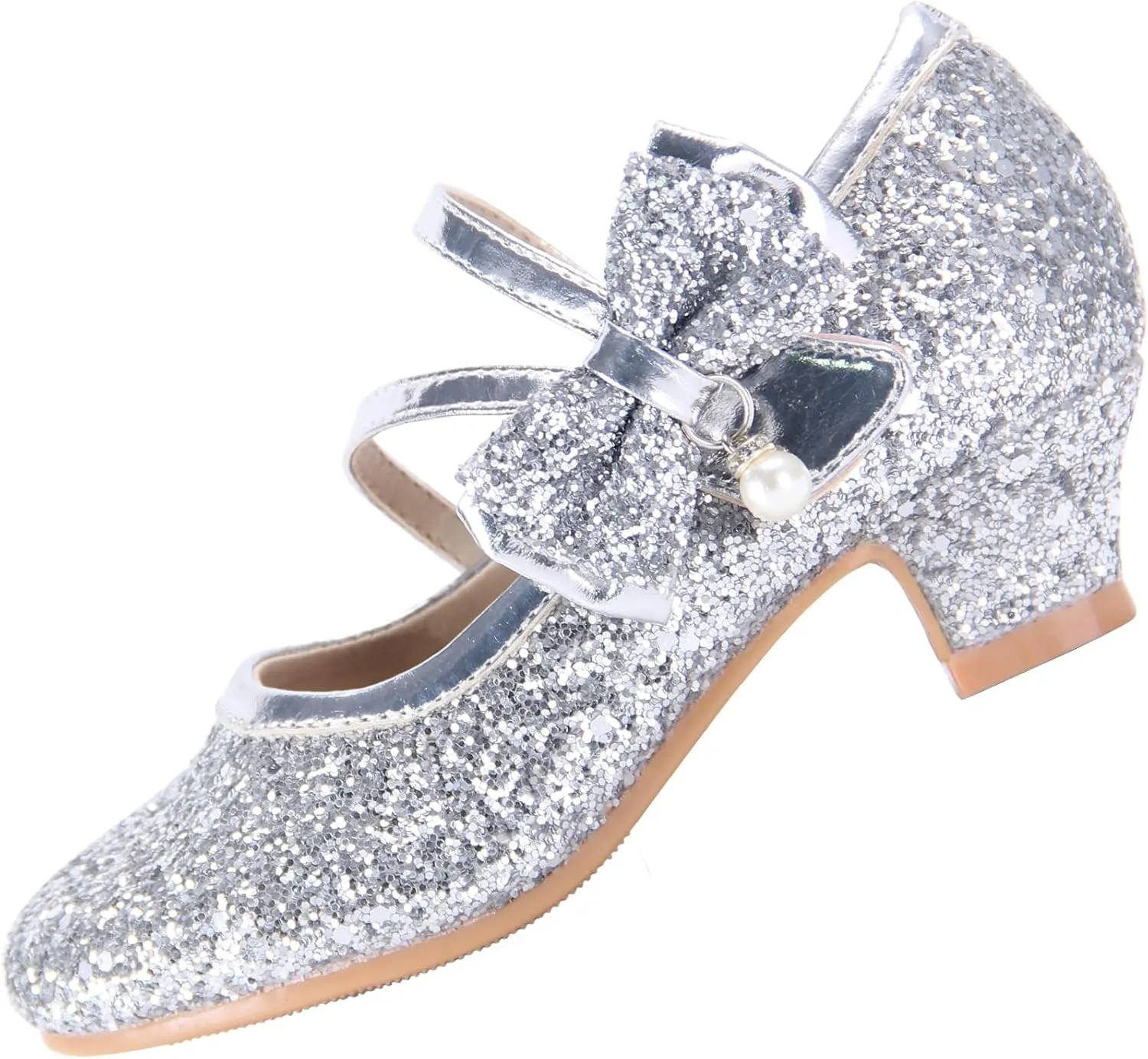 EIGHT KM Girls High Heel Dress Shoes Mary Jane Princess Wedding Party Pump Shoes EKM7035 Sparkle Glittery Crystal Pearl Bow Silver US Big Kid Size 4