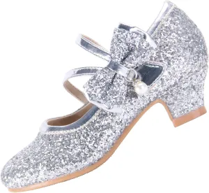 EIGHT KM Girls High Heel Dress Shoes Mary Jane Princess Wedding Party Pump Shoes EKM7035 Sparkle Glittery Crystal Pearl Bow Silver US Big Kid Size 5