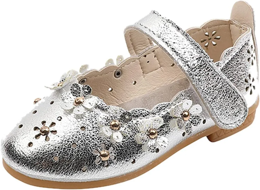 EnJoCho Girls Sandal Shoes Flower Shoes Hollow Flower Shoes Sandals Soft Sole Princess Sandals Baby Shoes 1-11 Years (Silver, 18 Months)